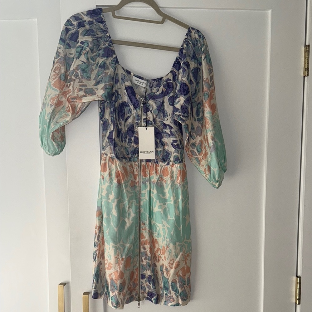 Blue and Green Ruched Mini Sundress with Bishop Sleeves